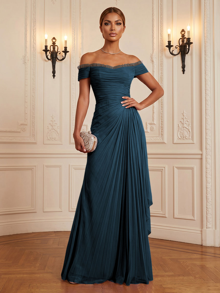 Chiffon A-Line/Princess Off Shoulder Floor-Length Formal Dresses with Ruffles & Pleats