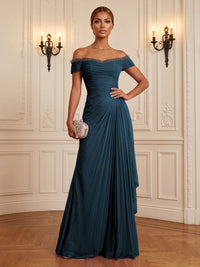 Chiffon A-Line/Princess Off Shoulder Floor-Length Formal Dresses with Ruffles & Pleats