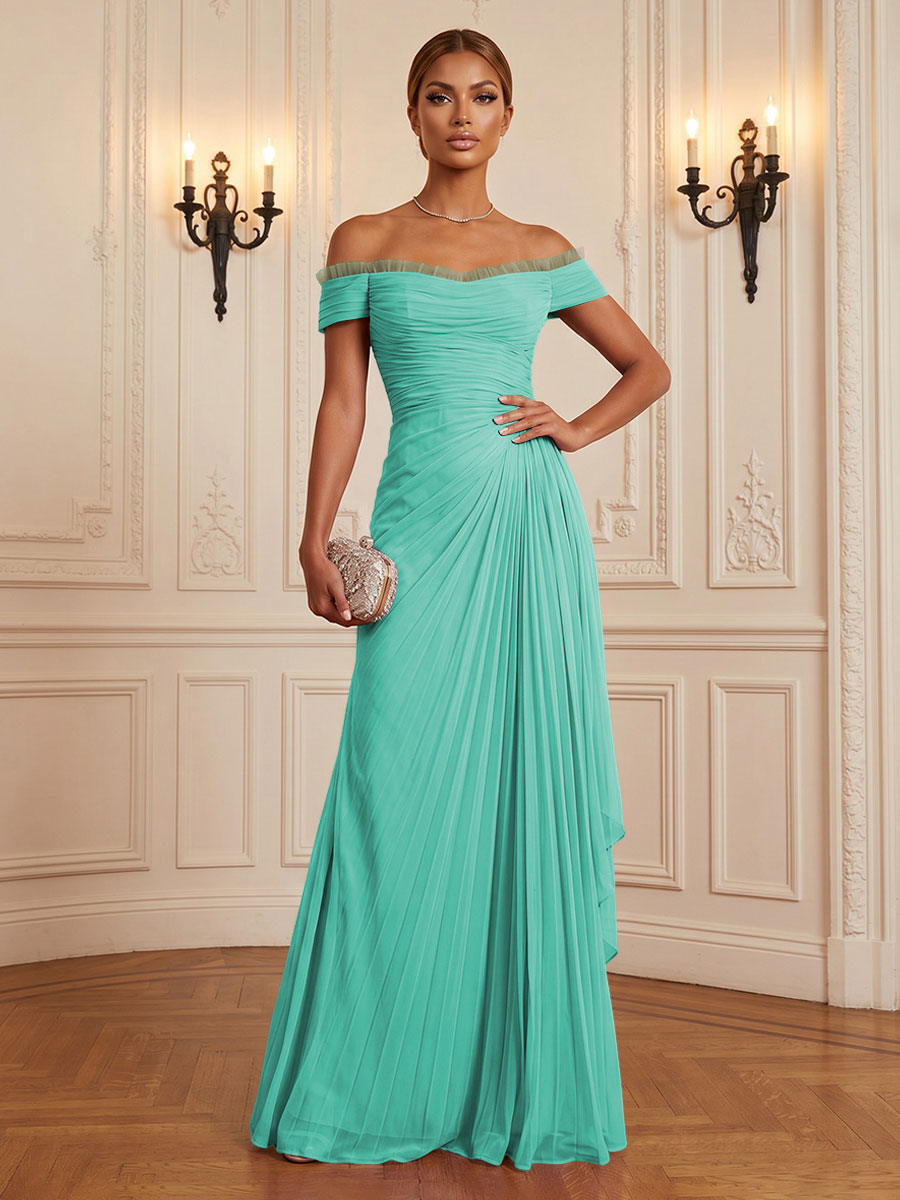 Chiffon A-Line/Princess Off Shoulder Floor-Length Formal Dresses with Ruffles & Pleats