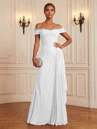 Chiffon A-Line/Princess Off Shoulder Floor-Length Formal Dresses with Ruffles & Pleats