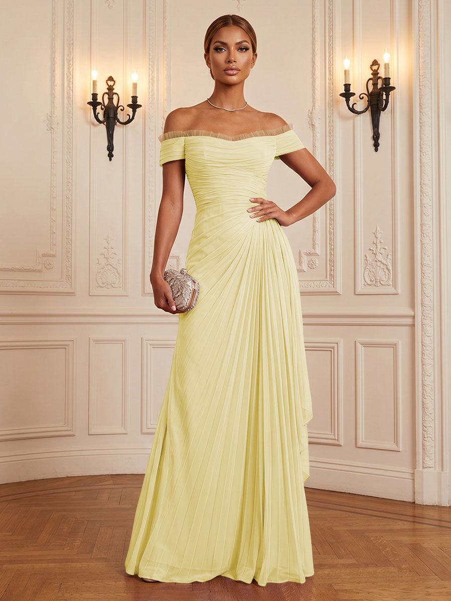 Chiffon A-Line/Princess Off Shoulder Floor-Length Formal Dresses with Ruffles & Pleats