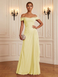 Chiffon A-Line/Princess Off Shoulder Floor-Length Formal Dresses with Ruffles & Pleats