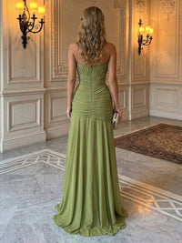 Chiffon A-Line/Princess Strapless Floor-Length Formal Dresses with Ruffles & Slit