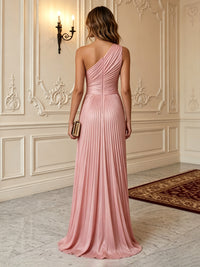 Satin Sheath/Column One Shoulder Floor-Length Formal Dresses with Pleats
