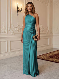 Satin Sheath/Column One Shoulder Floor-Length Formal Dresses with Pleats