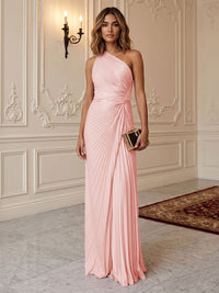 Satin Sheath/Column One Shoulder Floor-Length Formal Dresses with Pleats