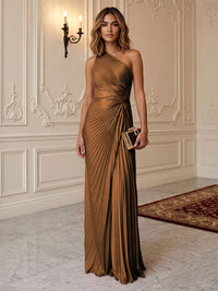 Satin Sheath/Column One Shoulder Floor-Length Formal Dresses with Pleats