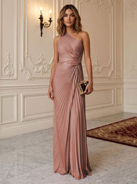 Satin Sheath/Column One Shoulder Floor-Length Formal Dresses with Pleats