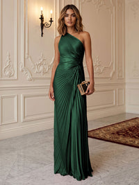 Satin Sheath/Column One Shoulder Floor-Length Formal Dresses with Pleats