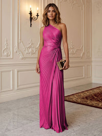 Satin Sheath/Column One Shoulder Floor-Length Formal Dresses with Pleats