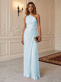 Satin Sheath/Column One Shoulder Floor-Length Formal Dresses with Pleats