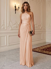 Satin Sheath/Column One Shoulder Floor-Length Formal Dresses with Pleats