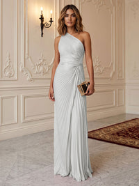 Satin Sheath/Column One Shoulder Floor-Length Formal Dresses with Pleats