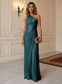 Satin Sheath/Column One Shoulder Floor-Length Formal Dresses with Pleats