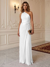 Satin Sheath/Column One Shoulder Floor-Length Formal Dresses with Pleats