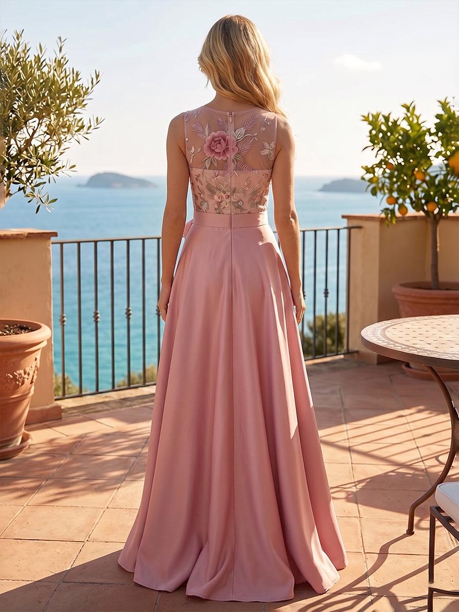 Satin A-Line/Princess Scoop Neck Floor-Length Formal Dresses with Belt & Pockets