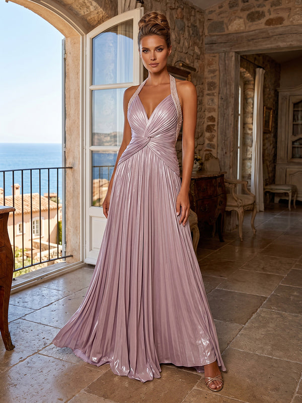 Metallic Satin A-Line/Princess Halter Floor-Length Formal Dresses with Pleats