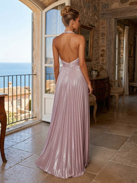 Metallic Satin A-Line/Princess Halter Floor-Length Formal Dresses with Pleats