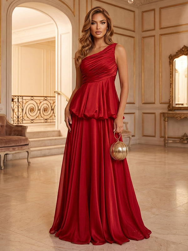 Satin A-Line/Princess One Shoulder Floor-Length Formal Dresses with Pleats