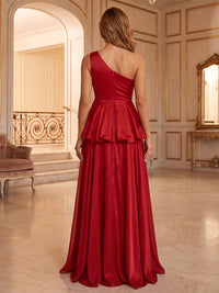 Satin A-Line/Princess One Shoulder Floor-Length Formal Dresses with Pleats