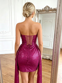 Sequin Bodycon Strapless Short Homecoming Dresses with Side Draped Sash