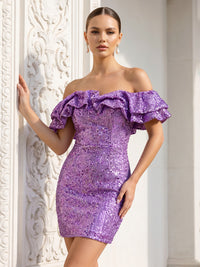 Sequin Bodycon Off Shoulder Short Homecoming Dresses with Tiered Layers & Ruffles