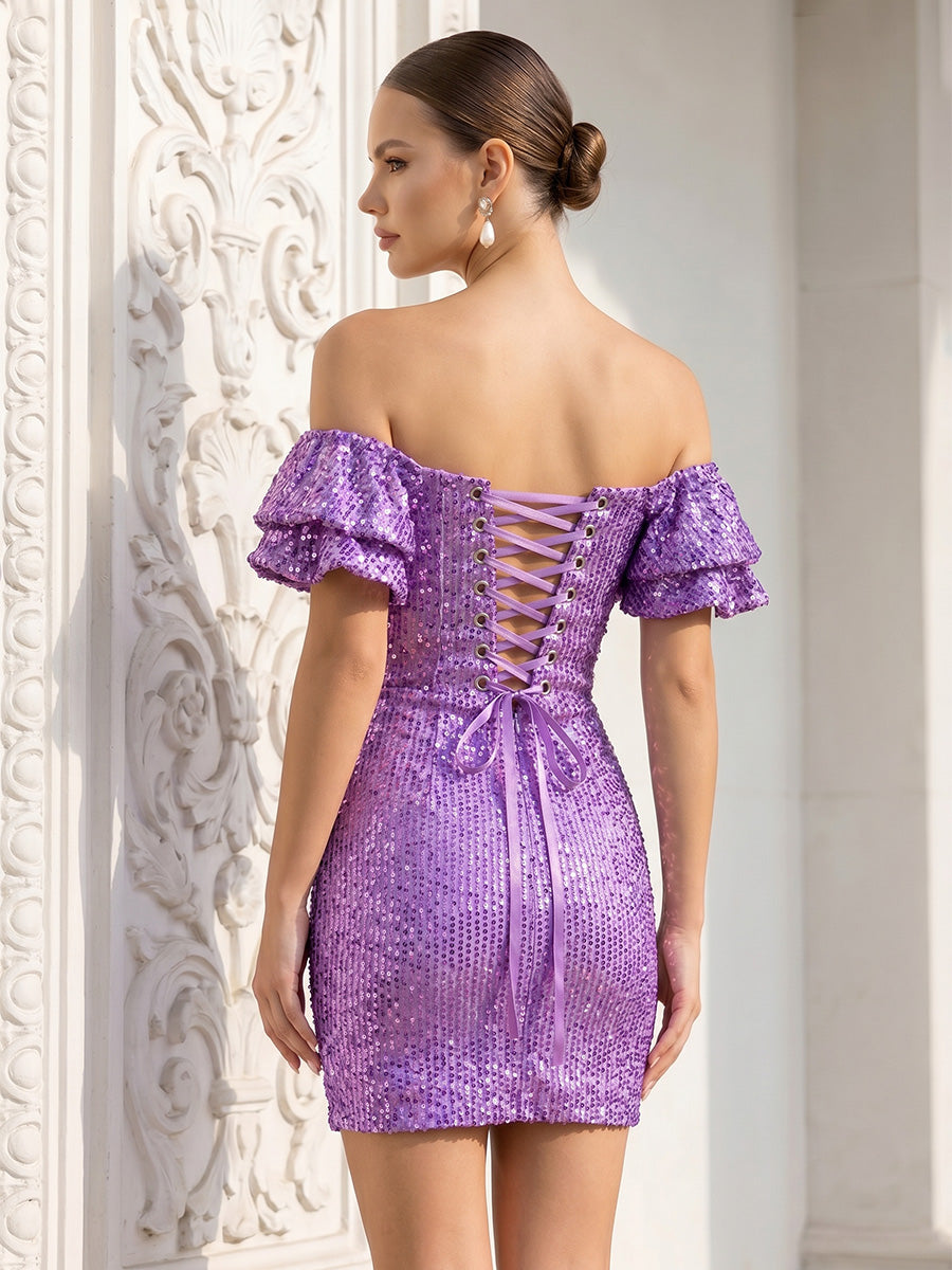 Sequin Bodycon Off Shoulder Short Homecoming Dresses with Tiered Layers & Ruffles