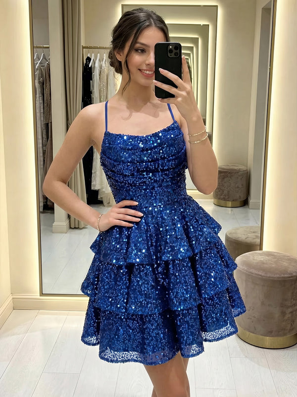 Sequin A-Line/Princess Spaghetti Straps Short Homecoming Dresses with Tiered Layers & Ruffles
