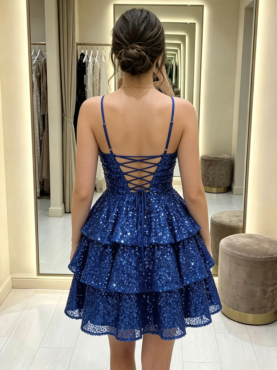 Sequin A-Line/Princess Spaghetti Straps Short Homecoming Dresses with Tiered Layers & Ruffles