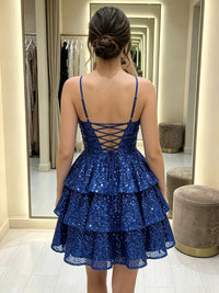 Sequin A-Line/Princess Spaghetti Straps Short Homecoming Dresses with Tiered Layers & Ruffles