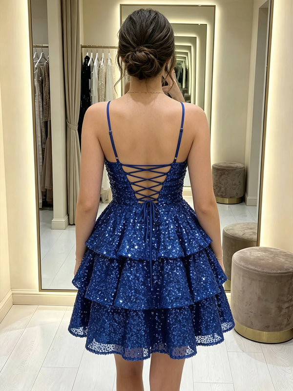 Sequin A-Line/Princess Spaghetti Straps Short Homecoming Dresses with Tiered Layers & Ruffles