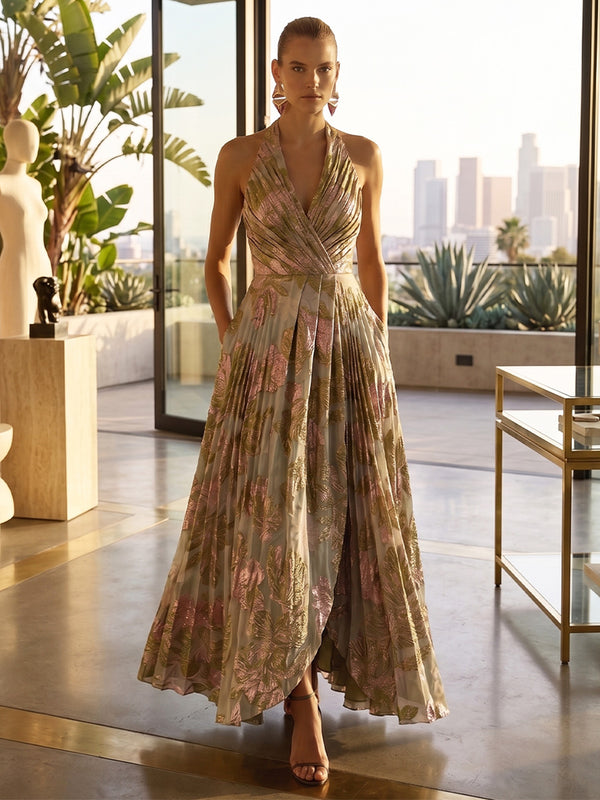 Jacquard A-Line/Princess Halter Floor-Length Formal Dresses with Pleats