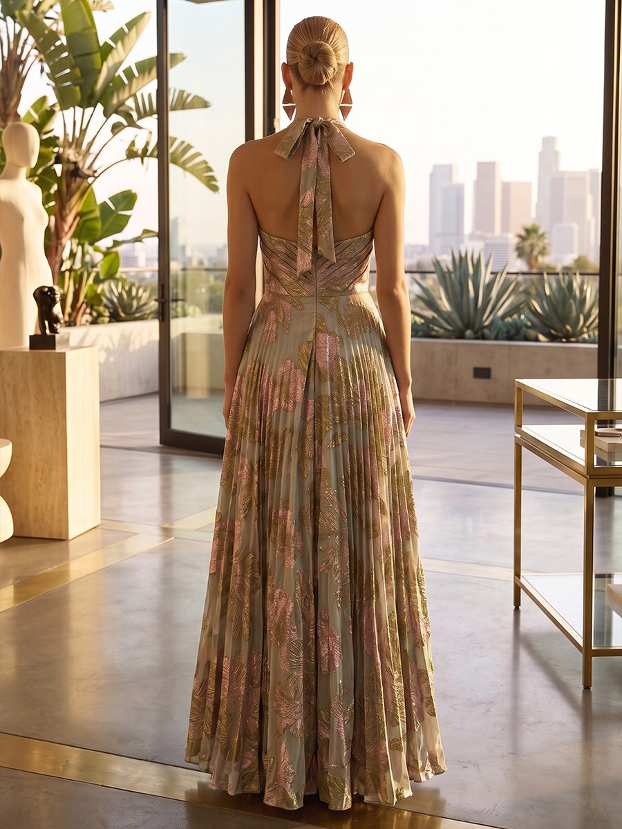 Jacquard A-Line/Princess Halter Floor-Length Formal Dresses with Pleats