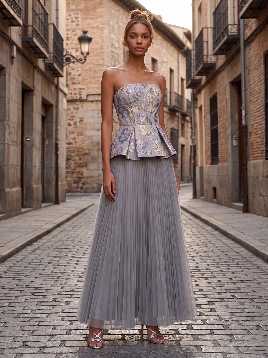 Tulle A-Line/Princess Strapless Floor-Length Formal Dresses with Corset Bodice & Pleats