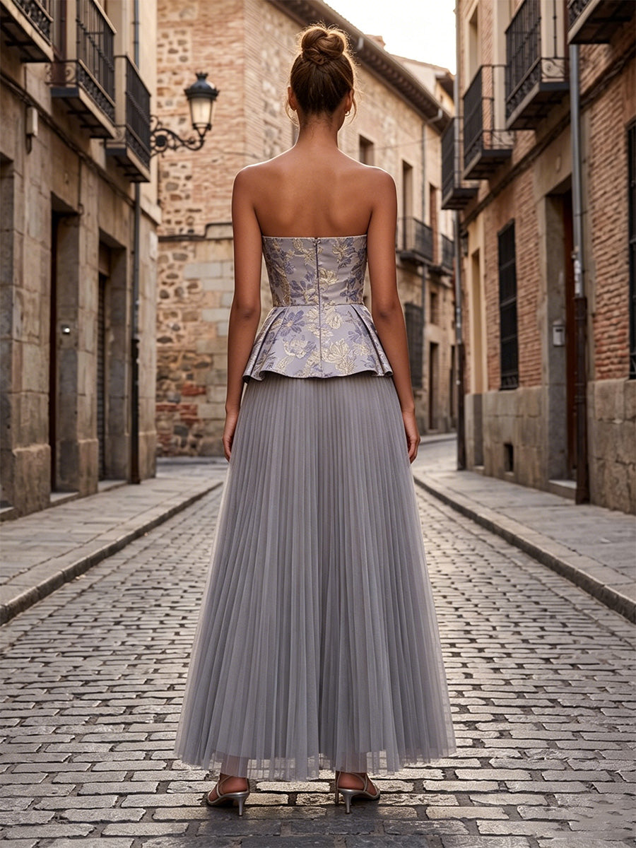 Tulle A-Line/Princess Strapless Floor-Length Formal Dresses with Corset Bodice & Pleats