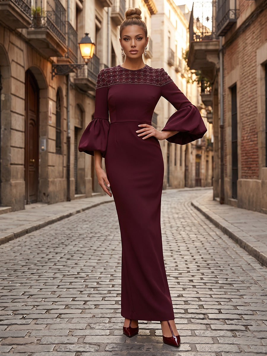 Stretch Jersey Sheath/Column Scoop Neck Floor-Length Formal Dresses with Bell Sleeves & Sequin Detail