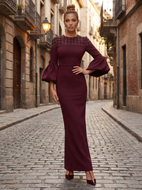Stretch Jersey Sheath/Column Scoop Neck Floor-Length Formal Dresses with Bell Sleeves & Sequin Detail