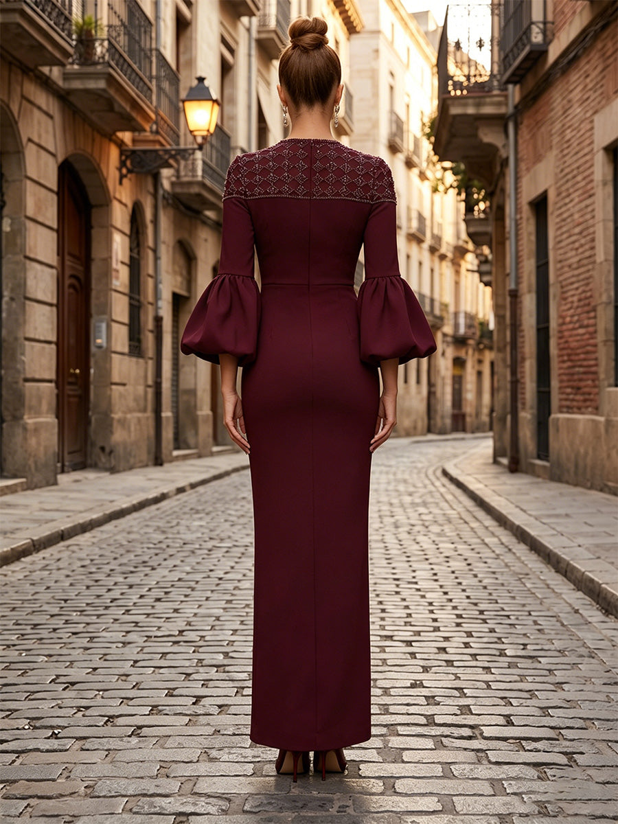 Stretch Jersey Sheath/Column Scoop Neck Floor-Length Formal Dresses with Bell Sleeves & Sequin Detail