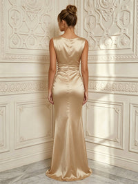 Satin Sheath/Column Cowl Neck Floor-Length Formal Dresses with Ruched Waist