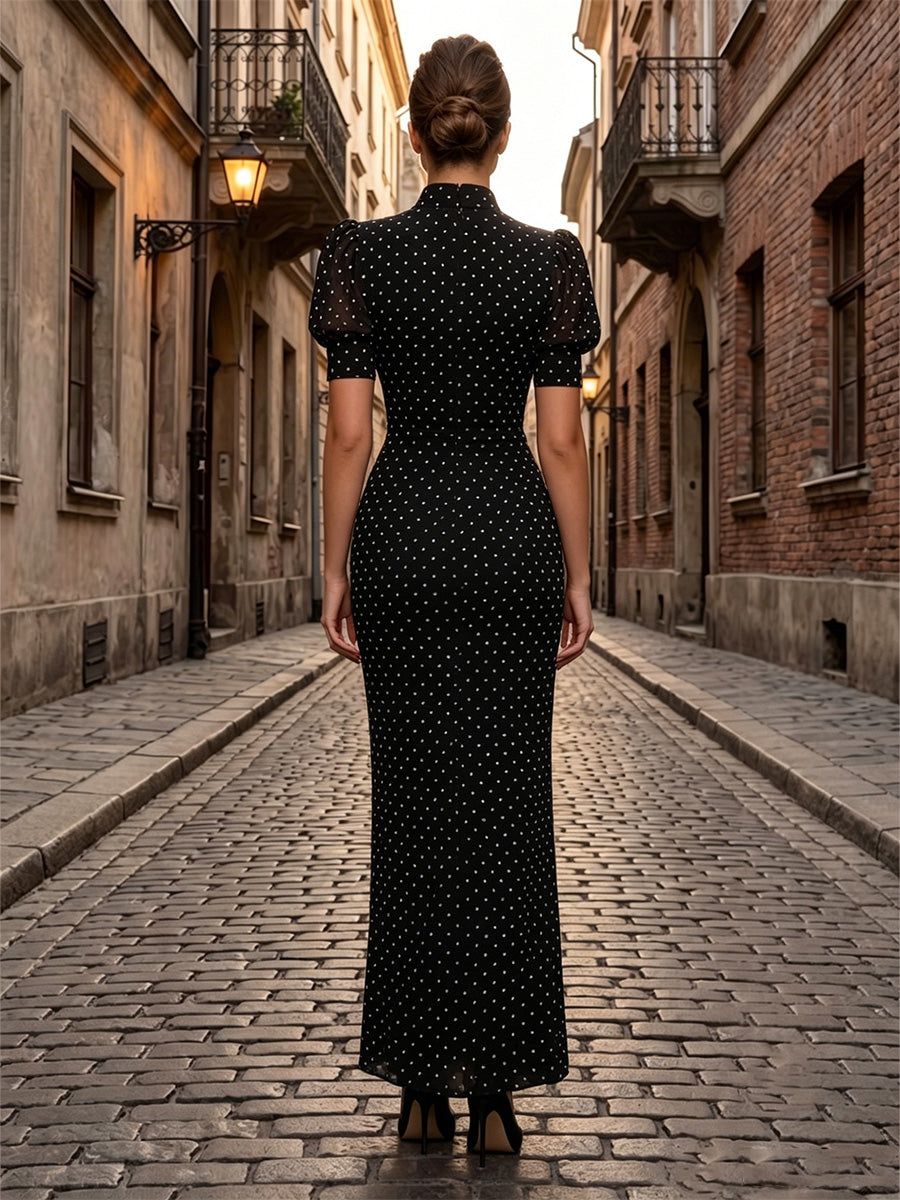 Chiffon Sheath/Column High Neck Floor-Length Formal Dresses with Polka Dot Print