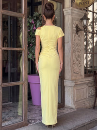 Stretch Jersey Sheath/Column Asymmetric Neck Floor-Length Formal Dresses with Ruched Waist