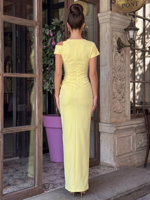 Stretch Jersey Sheath/Column Asymmetric Neck Floor-Length Formal Dresses with Ruched Waist