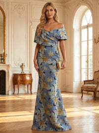 Jacquard Mermaid/Trumpet Off Shoulder Floor-Length Formal Dresses with Ruched Waist