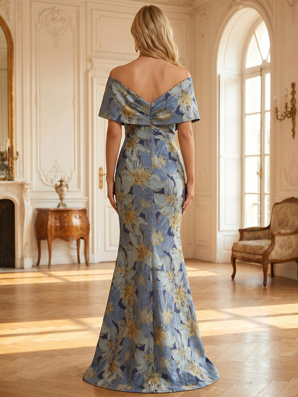 Jacquard Mermaid/Trumpet Off Shoulder Floor-Length Formal Dresses with Ruched Waist