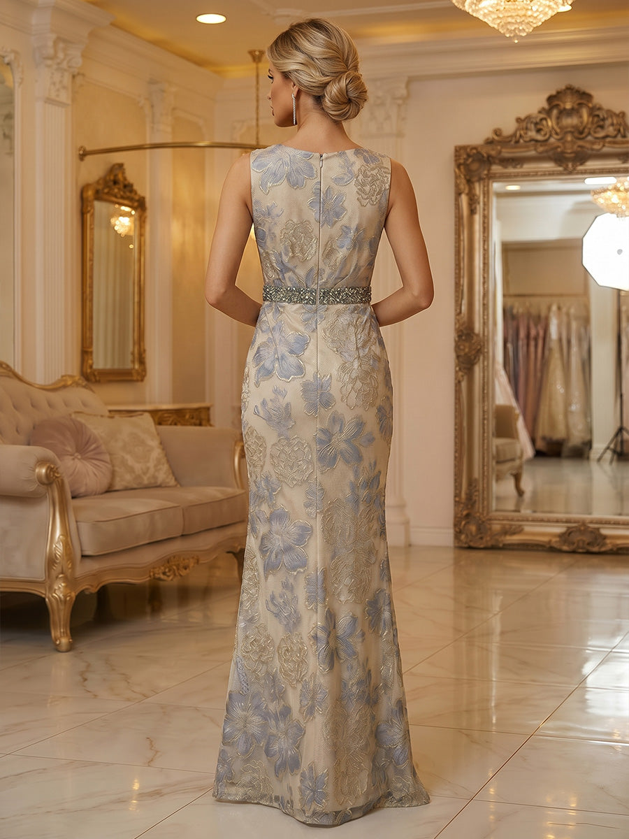 Jacquard Sheath/Column Scoop Neck Floor-Length Formal Dresses with Rhinestones