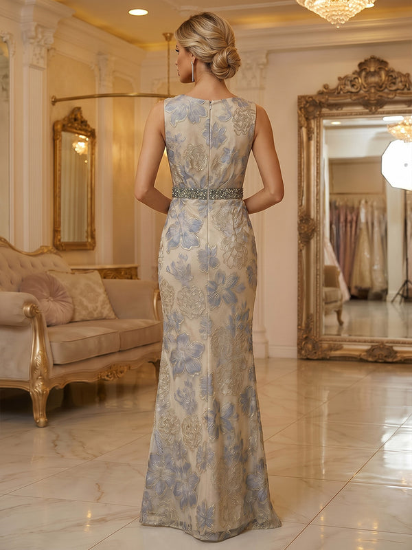Jacquard Sheath/Column Scoop Neck Floor-Length Formal Dresses with Rhinestones