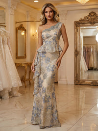 Jacquard Sheath/Column One Shoulder Floor-Length Formal Dresses with Ruffles