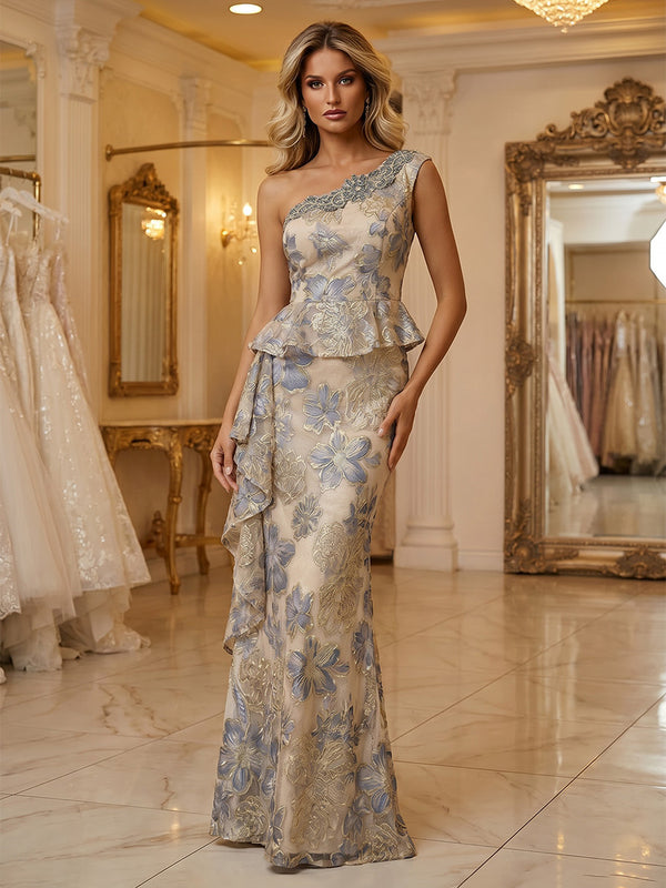 Jacquard Sheath/Column One Shoulder Floor-Length Formal Dresses with Ruffles
