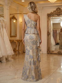 Jacquard Sheath/Column One Shoulder Floor-Length Formal Dresses with Ruffles
