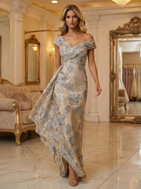 Jacquard Sheath/Column Off Shoulder Floor-Length Formal Dresses Ruffles